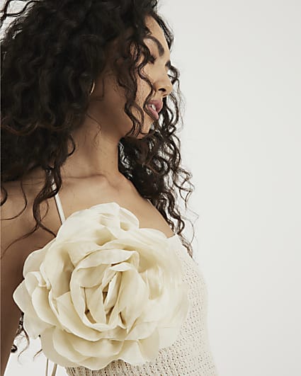 Cream Sleeveless Corsage Halter Neck Top