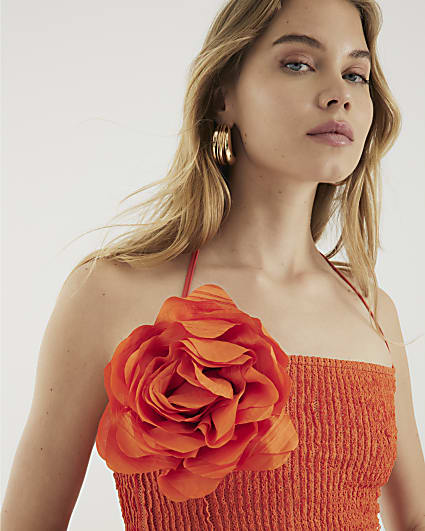 Orange Corsage Halter Neck Top
