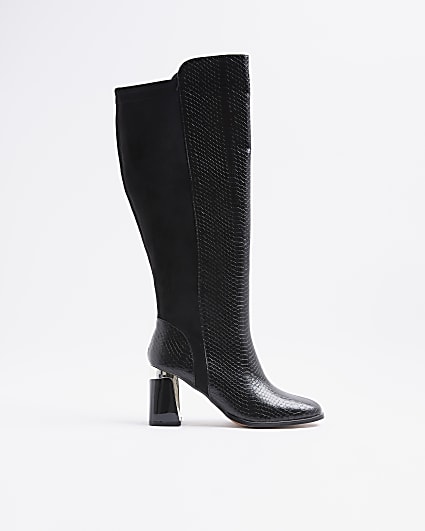 Black Wide Metal Heel Knee High Boot
