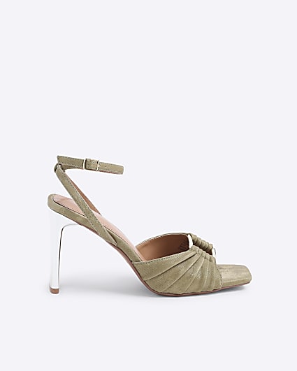 Green Pleated Ring Detail Heeled Sandals