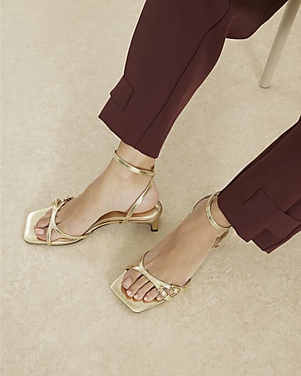 Gold Strapped Low Block Heel Sandals