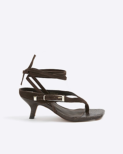 Brown Suede Tie Up Suede Toe Thong Heels