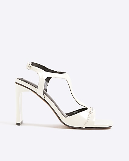 White T Bar Block Heel Sandals