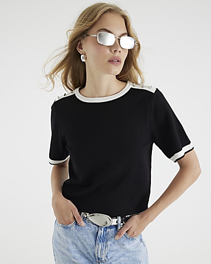 Black Knitted Button Detail T-shirt