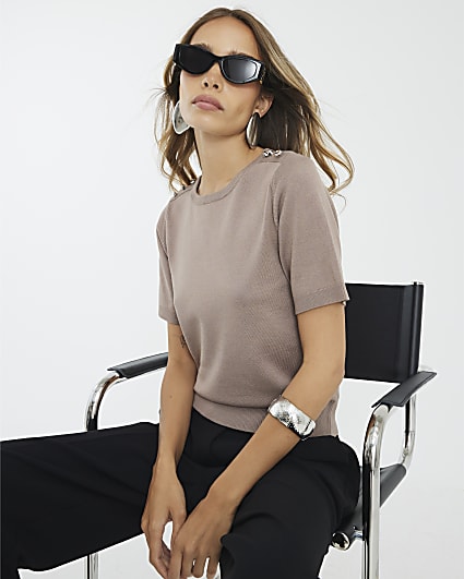 Brown Button Detail Knitted T-shirt