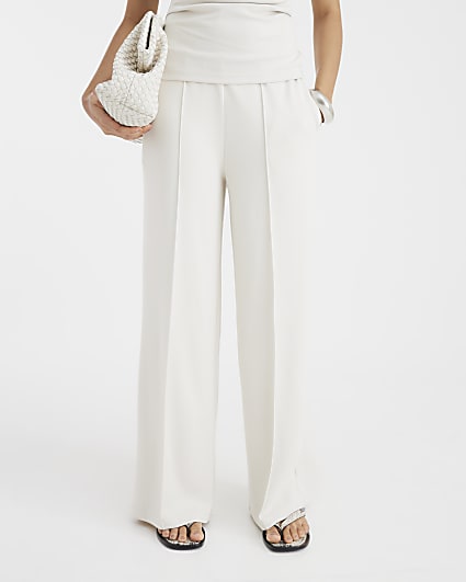 Cream Premium Wide Leg Pintuck Trousers