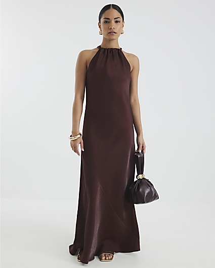 Petite Brown Satin Halter Neck Maxi Dress