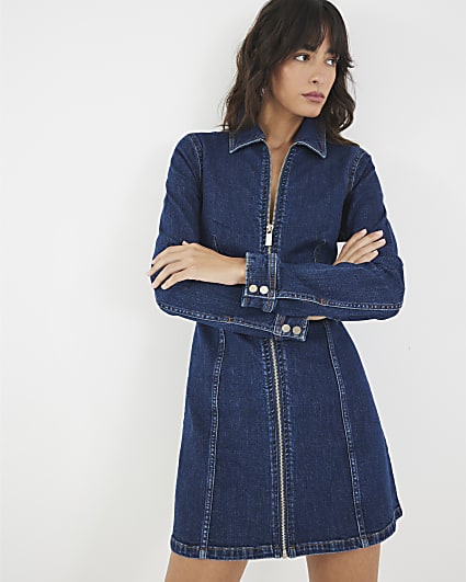 Blue Denim Long Sleeve Zip Front Mini Dress