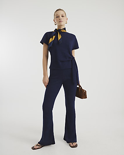 Navy Short Sleeve Tie Waist T-shirt