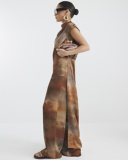 Petite Brown Abstract Print Wide Leg Trousers