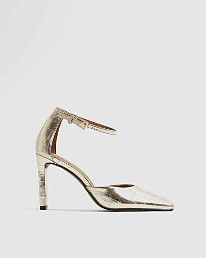Gold Croc Ankle Strap Heels
