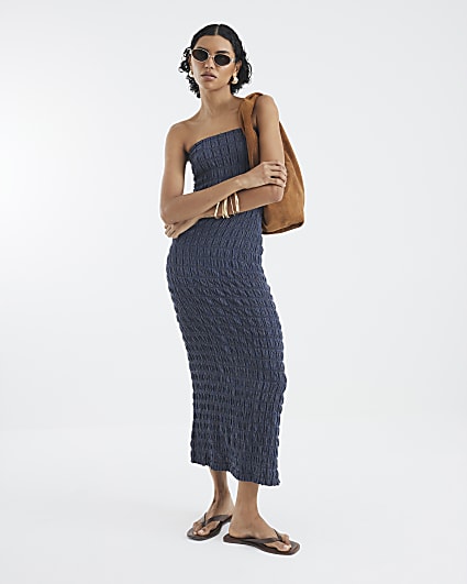 Blue Textured Bandeau Dress