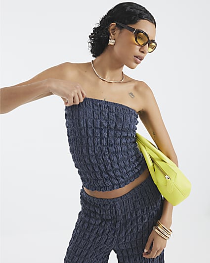 Blue Textured Bandeau Top