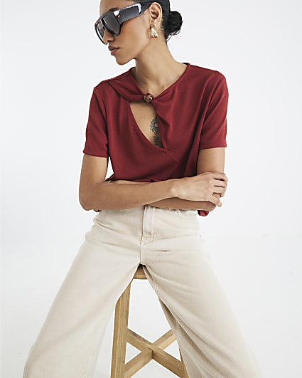 Red Short Sleeve Trim Neckline T-Shirt