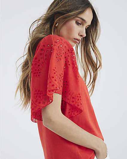 Red Short Sleeve Broderie T-shirt