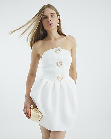 White Bandeau Button Detail Mini Dress