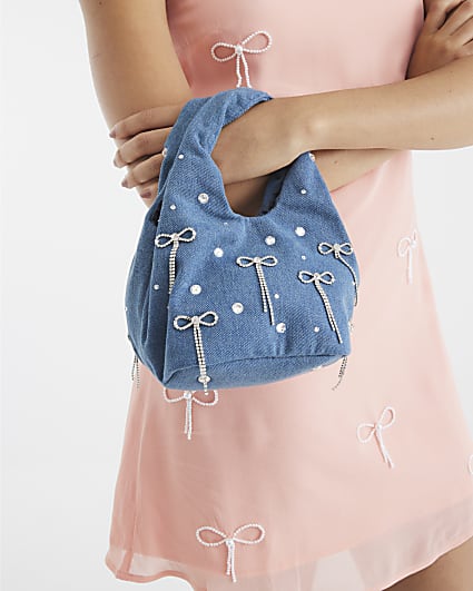 Blue Denim Diamante Bow Grab Bag