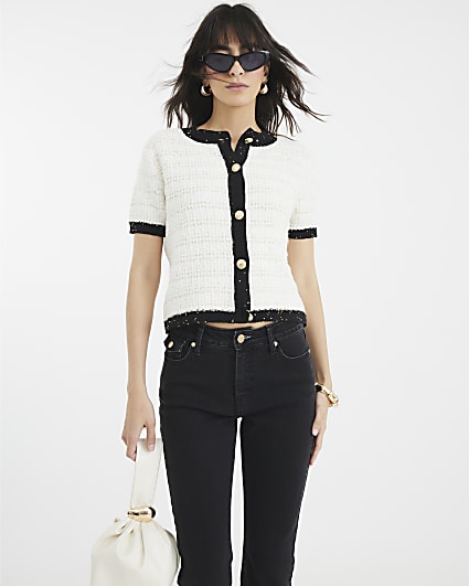 White Boucle Short Sleeve Cardigan