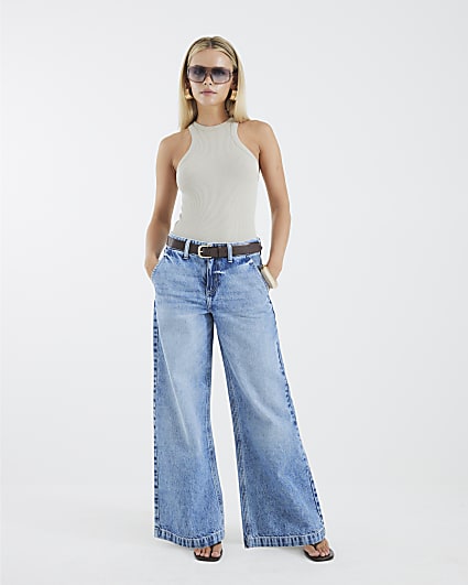 Petite Blue Belted Wide Leg Baggy Jeans