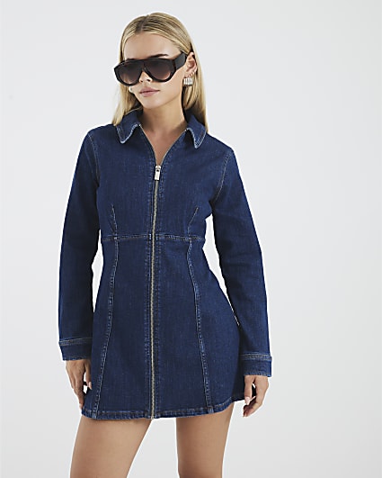 Petite Blue Denim Zip Front Mini Dress