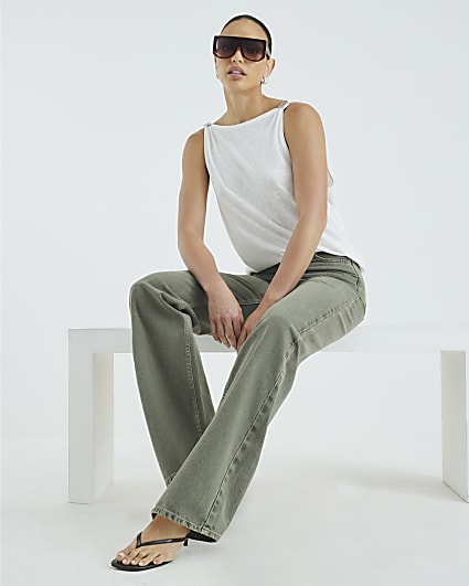 Khaki High Rise Relaxed Straight Leg Jeans