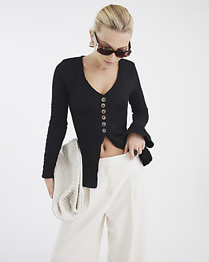 Black Long Sleeve Textured Button Top
