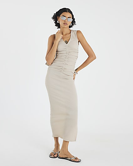 Beige Sleeveless Ruched Textured Midi Dress