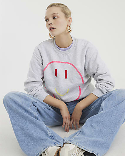 Grey Long Sleeve Smiley Face Sweatshirt