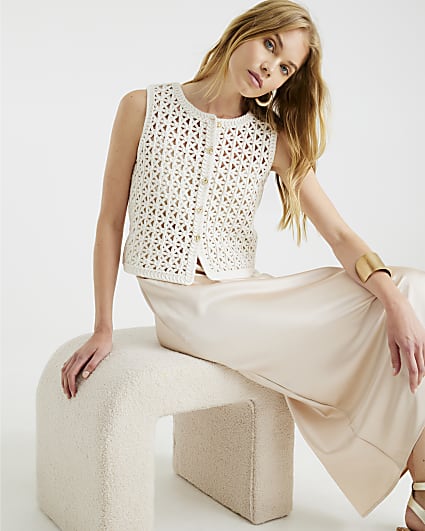 Cream Crochet Waistcoat Hybrid Midi Dress