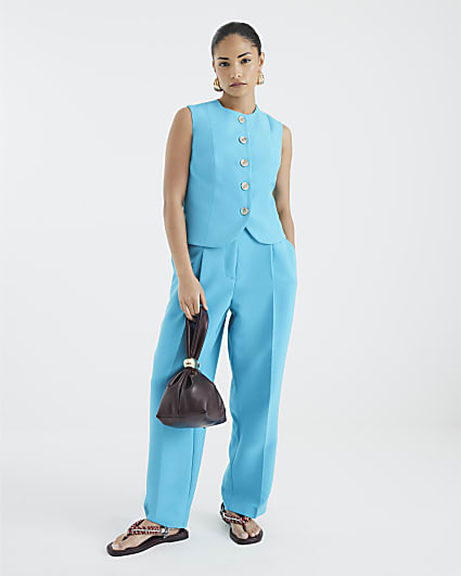 Petite Blue High Neck Fitted Waistcoat