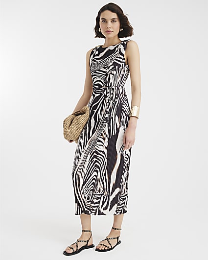 Black Zebra Print Plisse Midi Dress