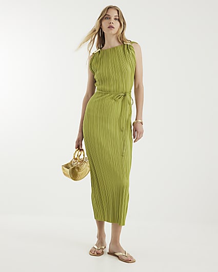 Green Sleeveless Plisse Belted Midi Dress