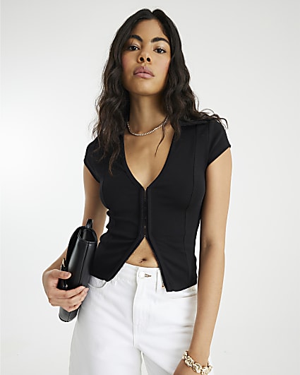 Black Short Sleeve Hook And Eye Polo Shirt