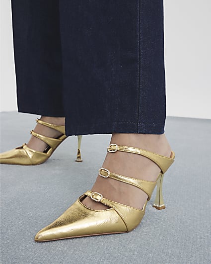 Gold Triple Buckle Heeled Mules