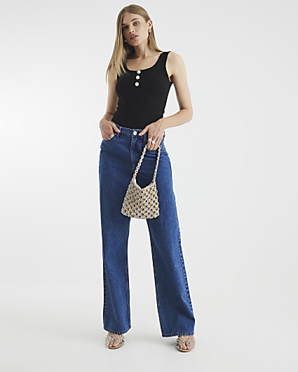 Black Diamante Button Ribbed Tank Top