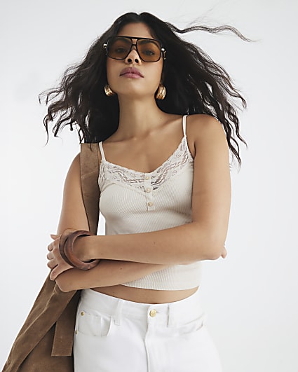 Cream Sleeveless Lace Trim Ribbed Cami Top