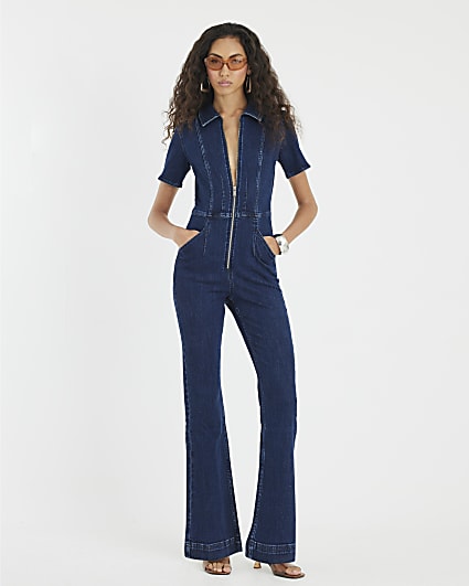 Blue Denim Short Sleeve Seamed Zip Jumpsuit