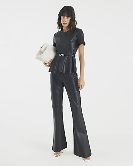 Black Patch Pocket Fitted Flared Trousers