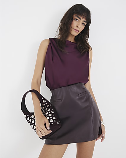 Red Faux Leather Pocket Detail Mini Skirt