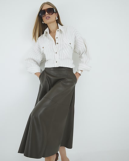 Khaki Faux Leather Midi Skirt