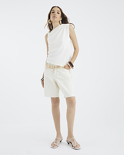 Cream Sleeveless Shell Trim Drape Top