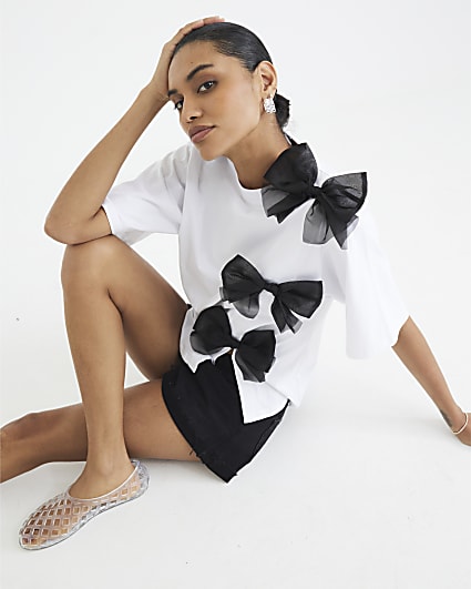 White Short Sleeve Organza Bow T-shirt