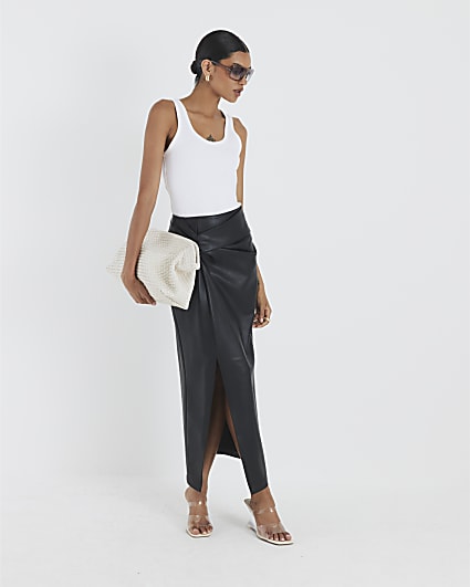 Black Twist Side Faux Leather Midi Skirt