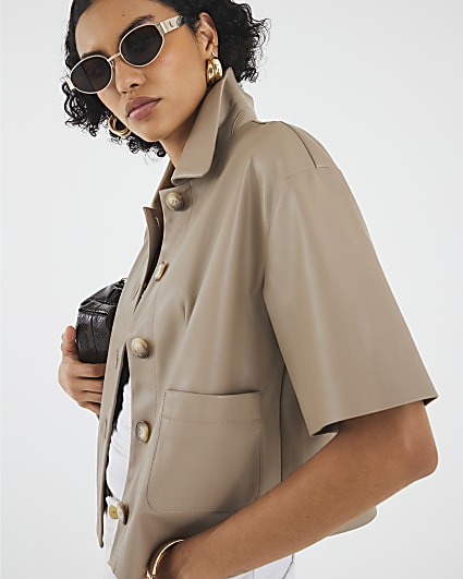 Brown Faux Leather Button Through Shirt