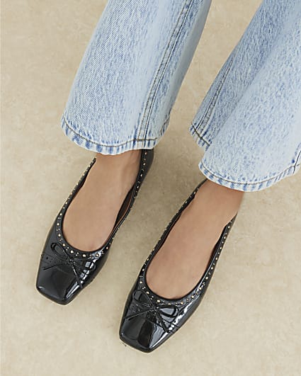 Black Square Toe Studded Ballet Pumps