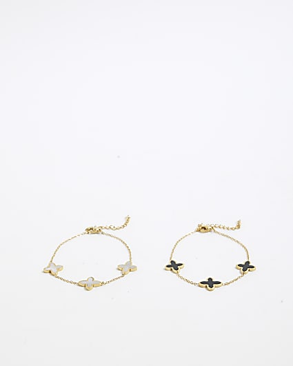 Gold Pearl And Clover Bracelet Set