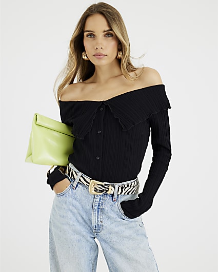 Black Long Sleeve Button Detail Bardot Top