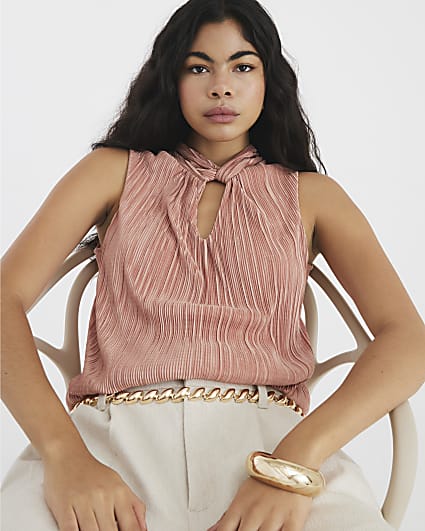 Pink Sleeveless Knot Detail Plisse Top
