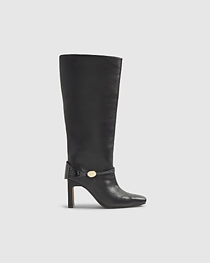 Black High Leg Gold Hardware Heeled Boots