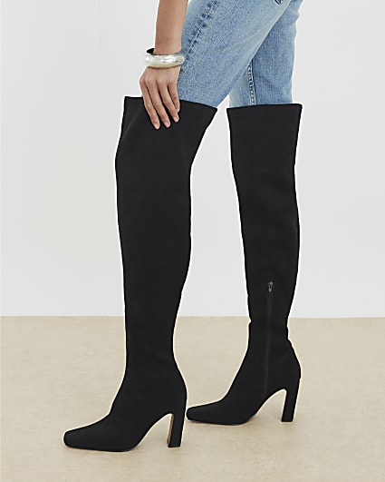 Black Thigh High Stretch Heeled Boots